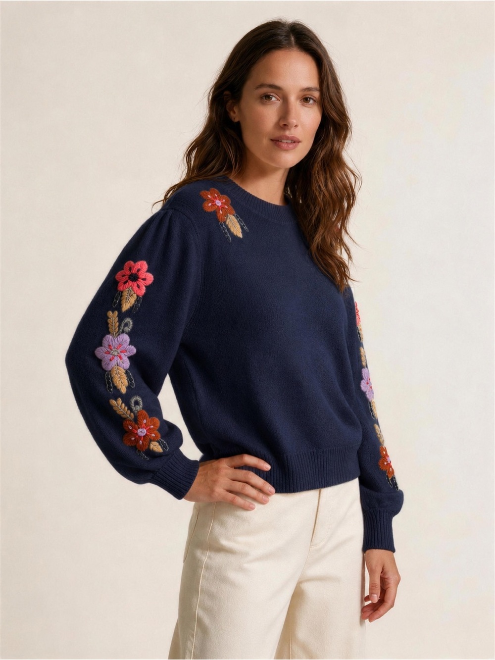 Something Navy Navy Crewneck Sweater with Red & Lilac Floral Embroidery